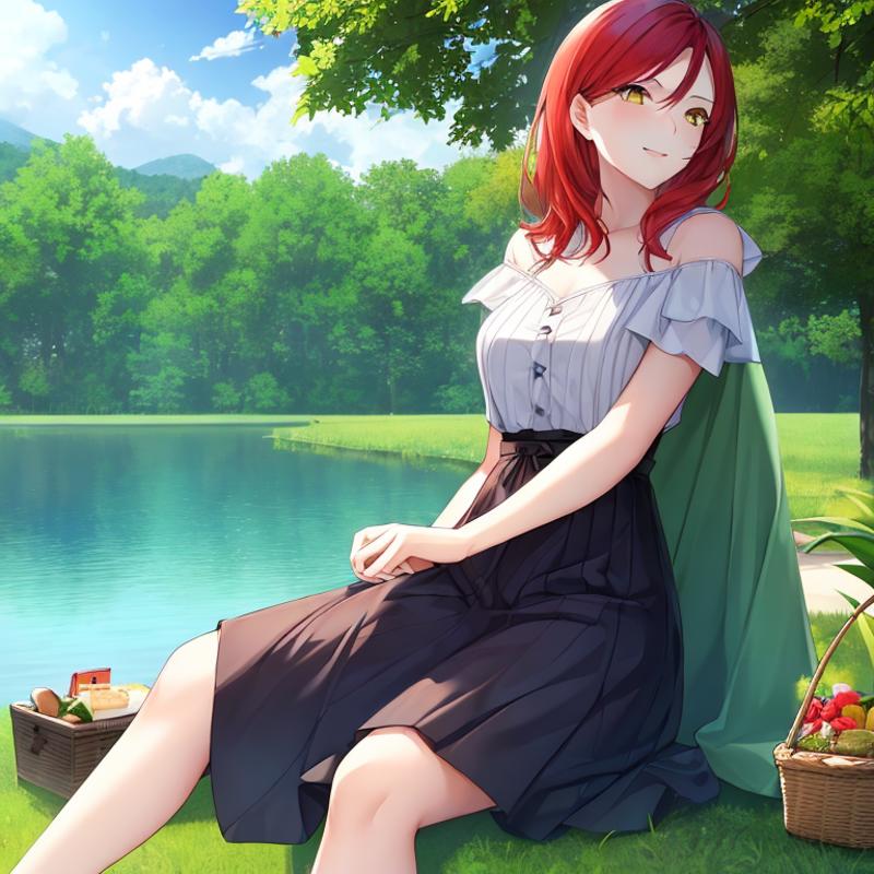 00137-2299588987-1Girl, mature, American, redhead, medium hair, yellow eyes, sitting on a picnic blanket near a lake, elegant summer dress, happy.png